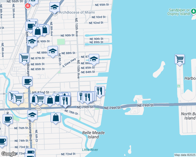 map of restaurants, bars, coffee shops, grocery stores, and more near 1221 Northeast 83rd Street in Miami
