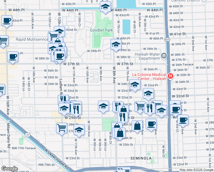 map of restaurants, bars, coffee shops, grocery stores, and more near 858 West 34th Street in Hialeah
