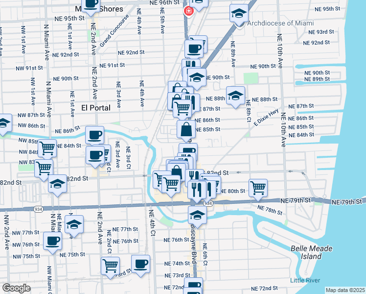 map of restaurants, bars, coffee shops, grocery stores, and more near 575 Northeast 83rd Street in Miami
