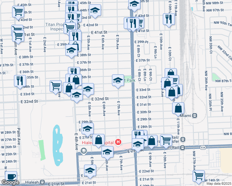 map of restaurants, bars, coffee shops, grocery stores, and more near 650 East 33rd Street in Hialeah