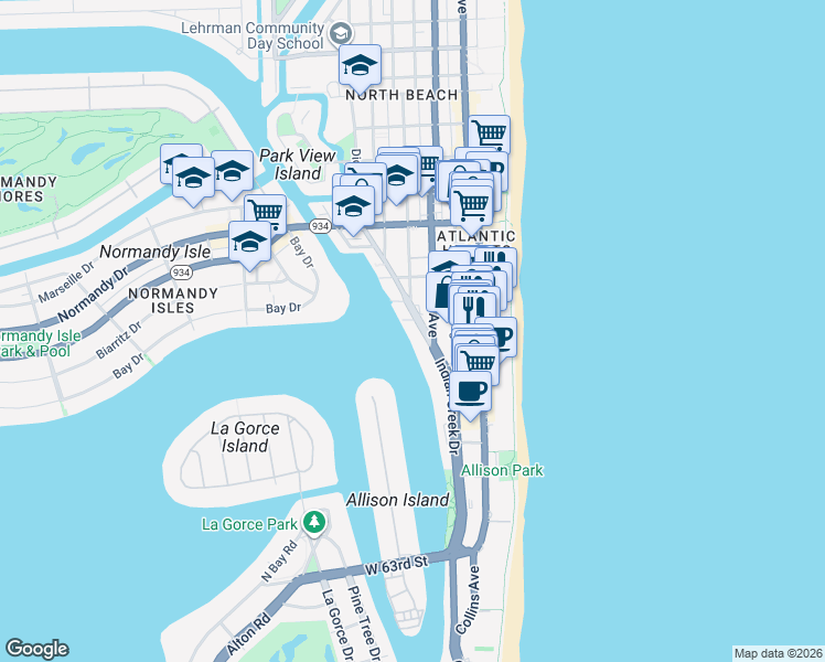 map of restaurants, bars, coffee shops, grocery stores, and more near 6801 Indian Creek Drive in Miami