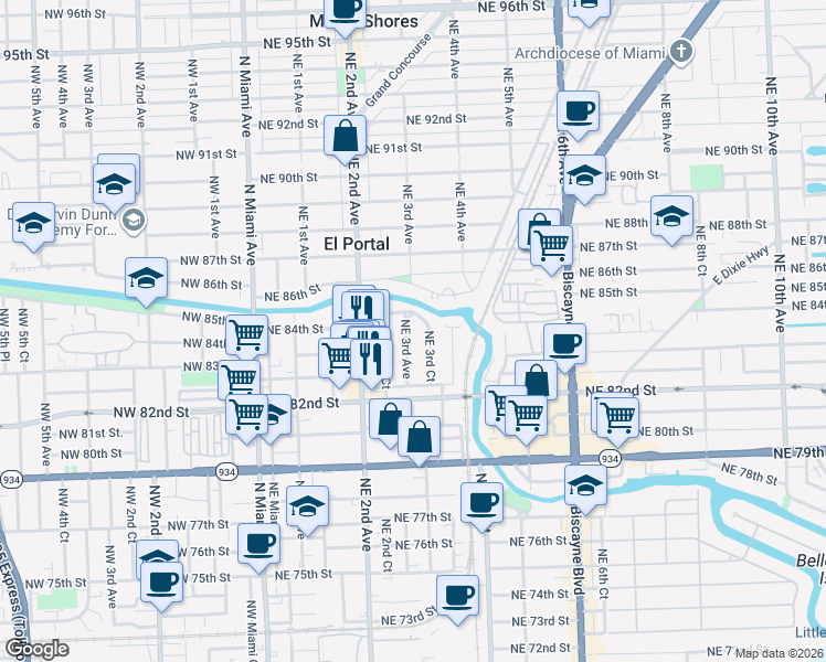 map of restaurants, bars, coffee shops, grocery stores, and more near 8366 Northeast 3rd Avenue in Miami