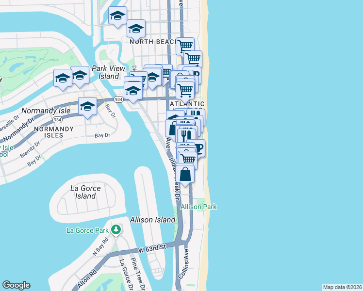 map of restaurants, bars, coffee shops, grocery stores, and more near 6800 Collins Avenue in Miami Beach