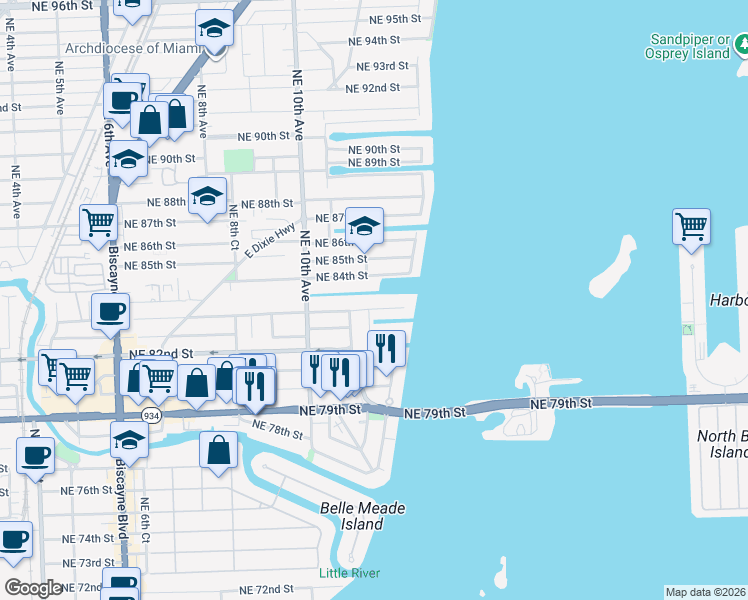map of restaurants, bars, coffee shops, grocery stores, and more near 1221 Northeast 83rd Street in Miami