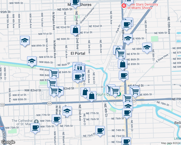map of restaurants, bars, coffee shops, grocery stores, and more near 8366 Northeast 3rd Avenue in Miami