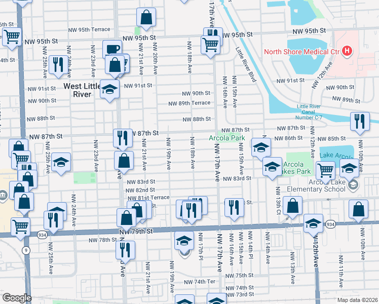 map of restaurants, bars, coffee shops, grocery stores, and more near 1799 Northwest 85th Street in Miami