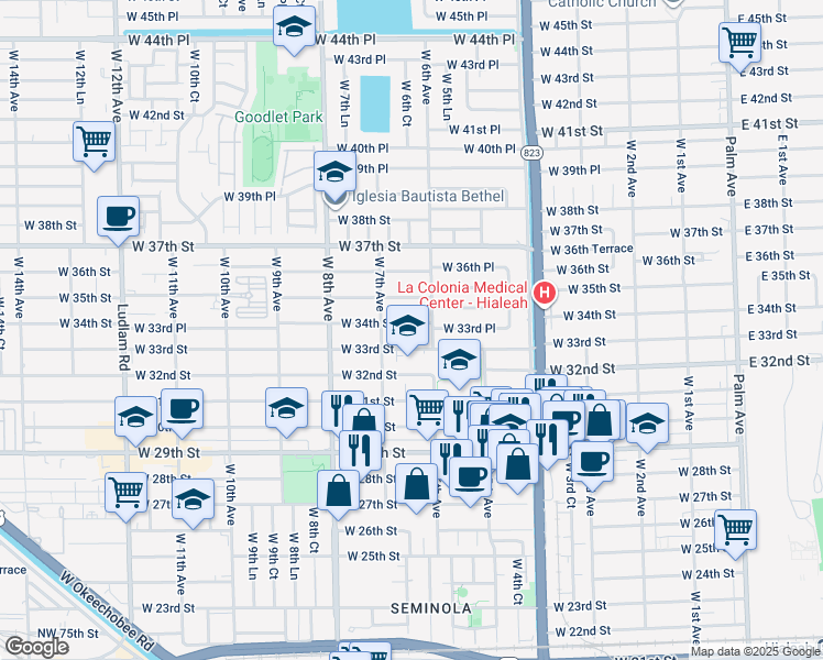 map of restaurants, bars, coffee shops, grocery stores, and more near 634 West 34th Street in Hialeah