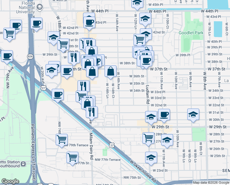 map of restaurants, bars, coffee shops, grocery stores, and more near 3396 West 14th Court in Hialeah