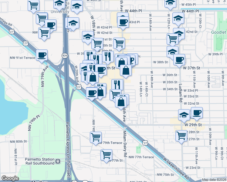 map of restaurants, bars, coffee shops, grocery stores, and more near 1665 W 33rd Pl in Hialeah