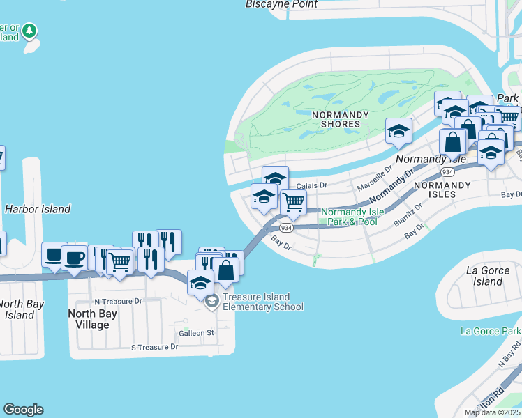 map of restaurants, bars, coffee shops, grocery stores, and more near 2158 Biarritz Drive in Miami Beach
