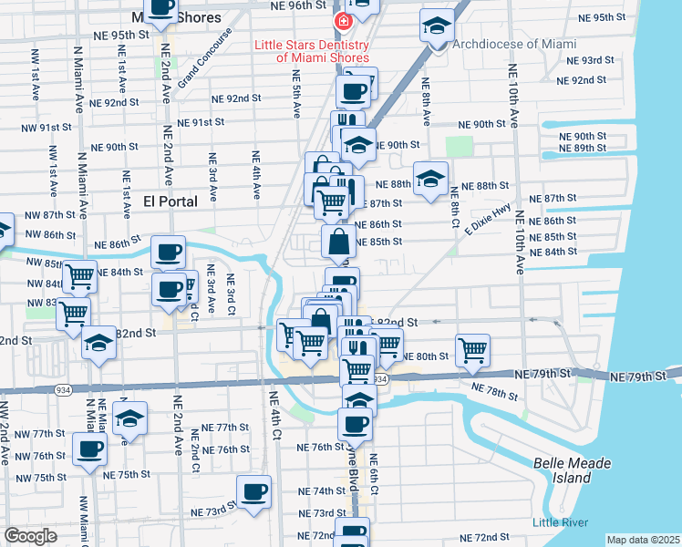 map of restaurants, bars, coffee shops, grocery stores, and more near 575 Northeast 83rd Street in Miami