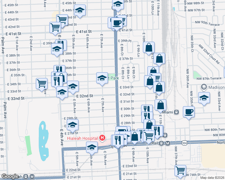 map of restaurants, bars, coffee shops, grocery stores, and more near 800 East 33rd Street in Hialeah