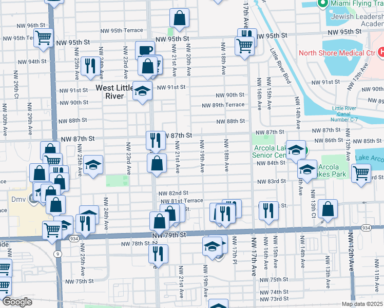 map of restaurants, bars, coffee shops, grocery stores, and more near 1942 Northwest 86th Street in Miami