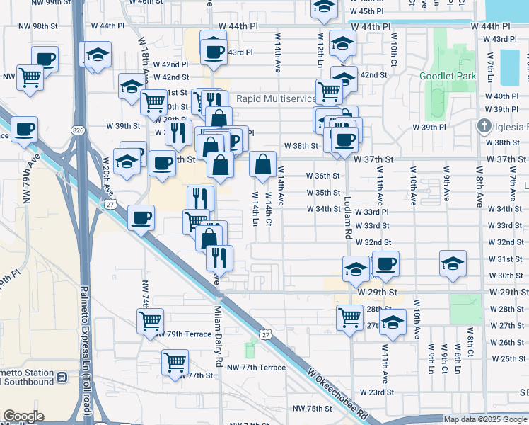 map of restaurants, bars, coffee shops, grocery stores, and more near 3396 West 14th Court in Hialeah