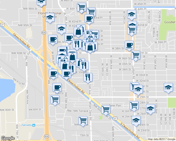 map of restaurants, bars, coffee shops, grocery stores, and more near 1605 West 33rd Place in Hialeah