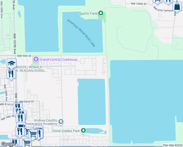 map of restaurants, bars, coffee shops, grocery stores, and more near 8705 Northwest 99th Avenue in Medley