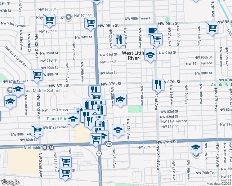 map of restaurants, bars, coffee shops, grocery stores, and more near 2480 Northwest 86th Street in Miami