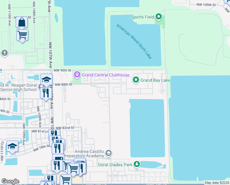 map of restaurants, bars, coffee shops, grocery stores, and more near 8640 Northwest 101st Place in Doral