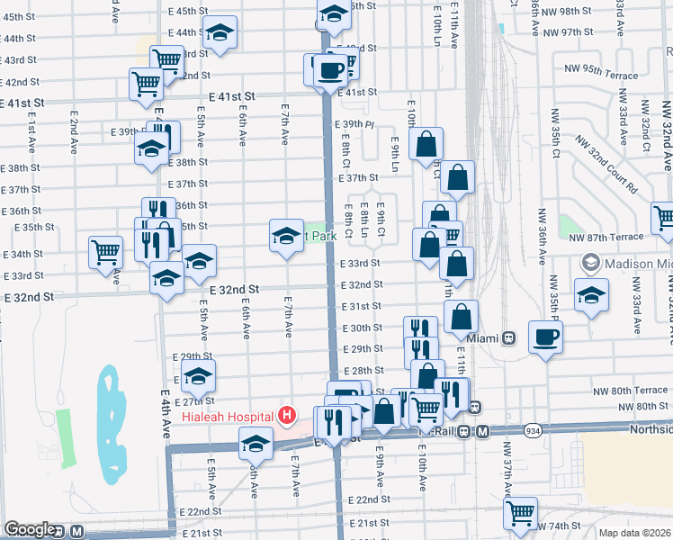 map of restaurants, bars, coffee shops, grocery stores, and more near 800 East 33rd Street in Hialeah