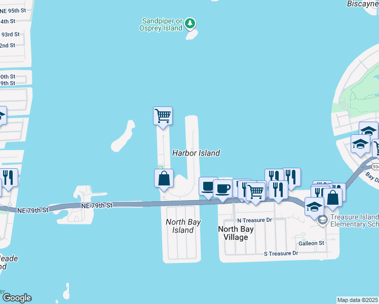 map of restaurants, bars, coffee shops, grocery stores, and more near 7928 East Drive in North Bay Village