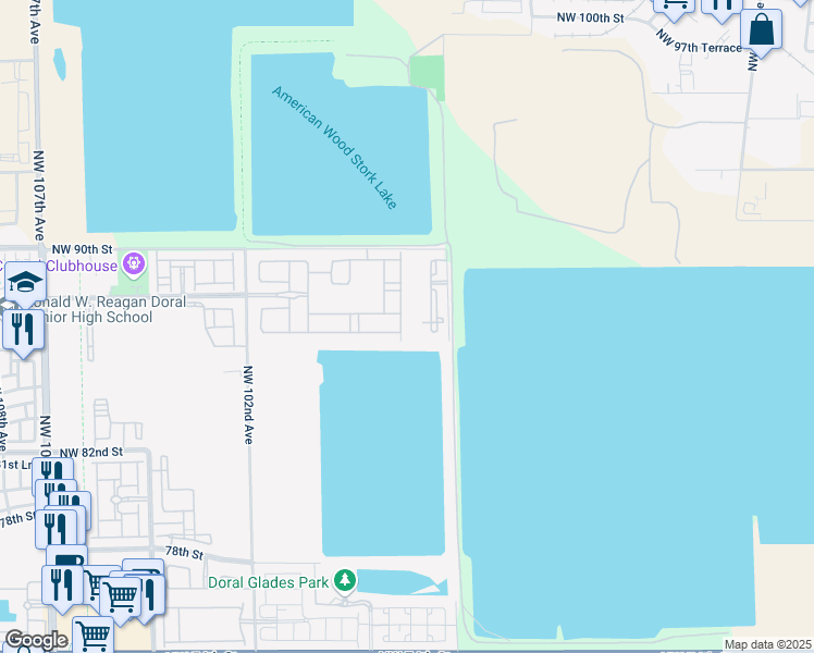 map of restaurants, bars, coffee shops, grocery stores, and more near 8715 Northwest 98th Avenue in Doral