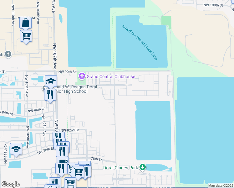 map of restaurants, bars, coffee shops, grocery stores, and more near 8630 Northwest 101st Place in Doral