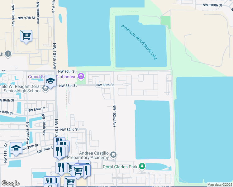 map of restaurants, bars, coffee shops, grocery stores, and more near 8630 Northwest 101st Place in Doral
