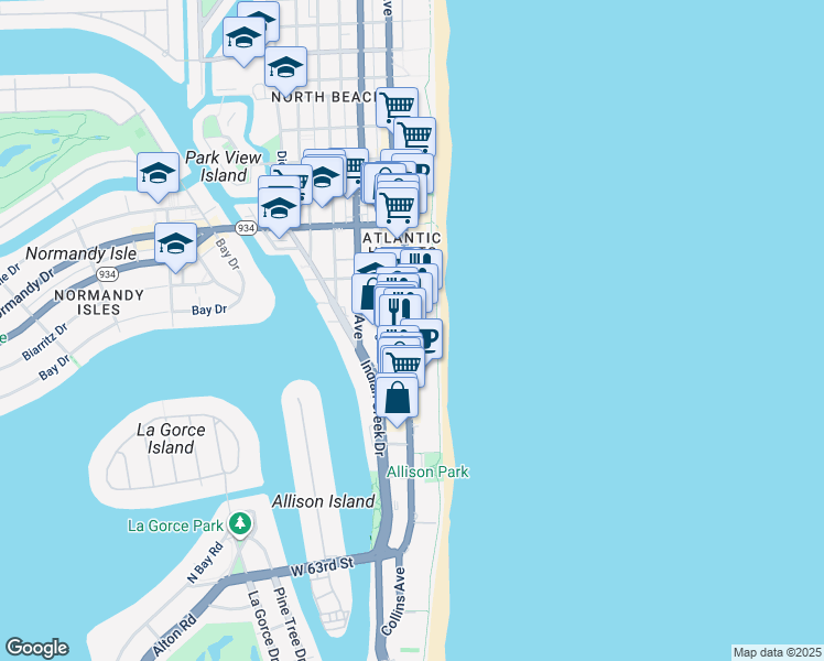 map of restaurants, bars, coffee shops, grocery stores, and more near 6799 Collins Avenue in Miami
