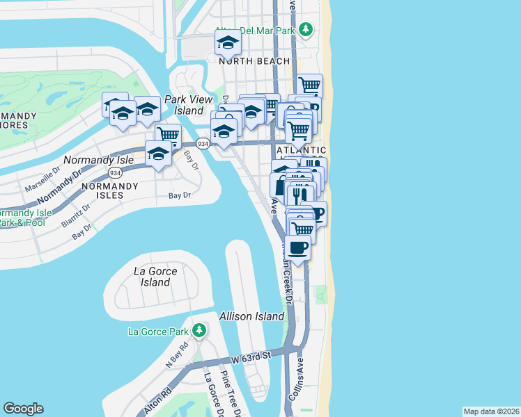 map of restaurants, bars, coffee shops, grocery stores, and more near 6801 Indian Creek Drive in Miami