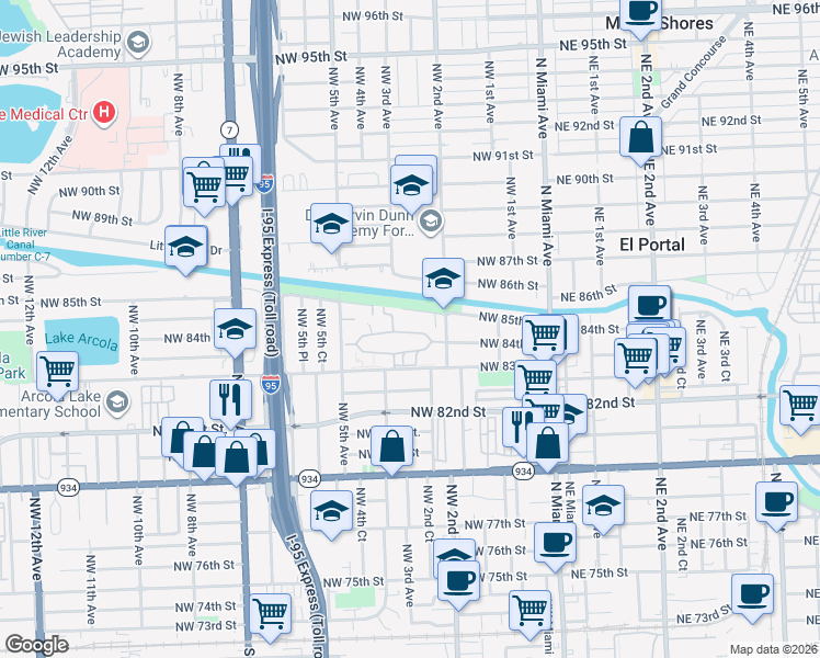 map of restaurants, bars, coffee shops, grocery stores, and more near 254 Northwest 85th Street Road in Miami