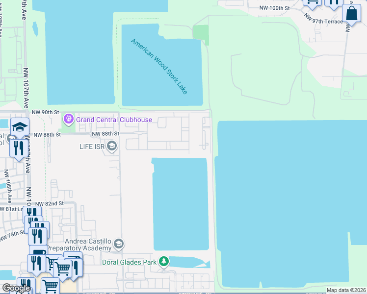 map of restaurants, bars, coffee shops, grocery stores, and more near 8715 Northwest 98th Avenue in Doral