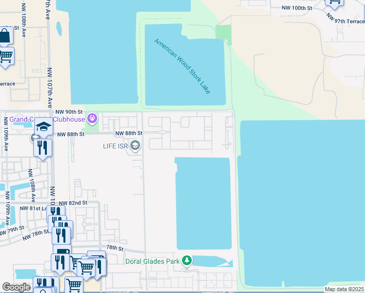 map of restaurants, bars, coffee shops, grocery stores, and more near 9953 Northwest 86th Terrace in Doral