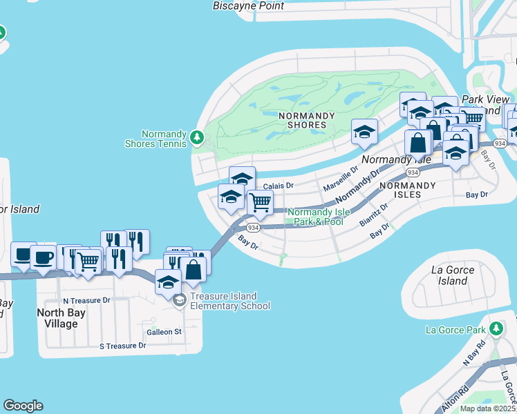 map of restaurants, bars, coffee shops, grocery stores, and more near 1975 Normandy Drive in Miami Beach