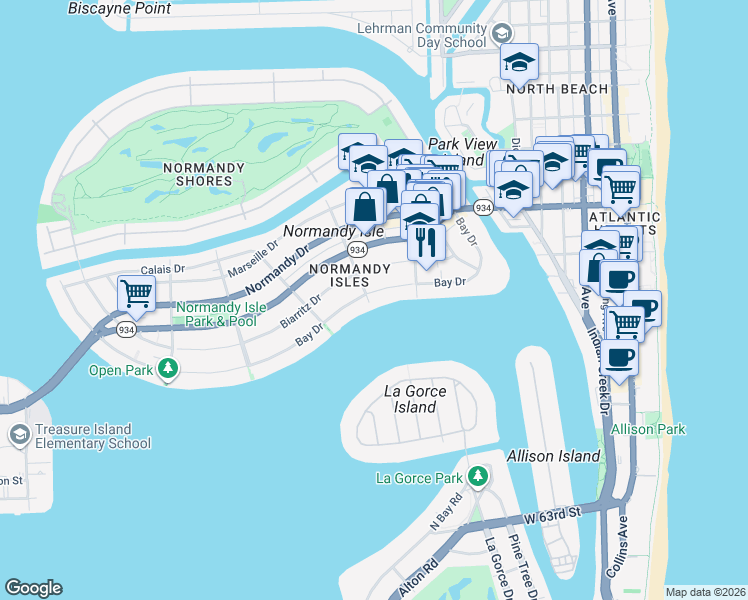 map of restaurants, bars, coffee shops, grocery stores, and more near 1200 Bay Drive in Miami Beach
