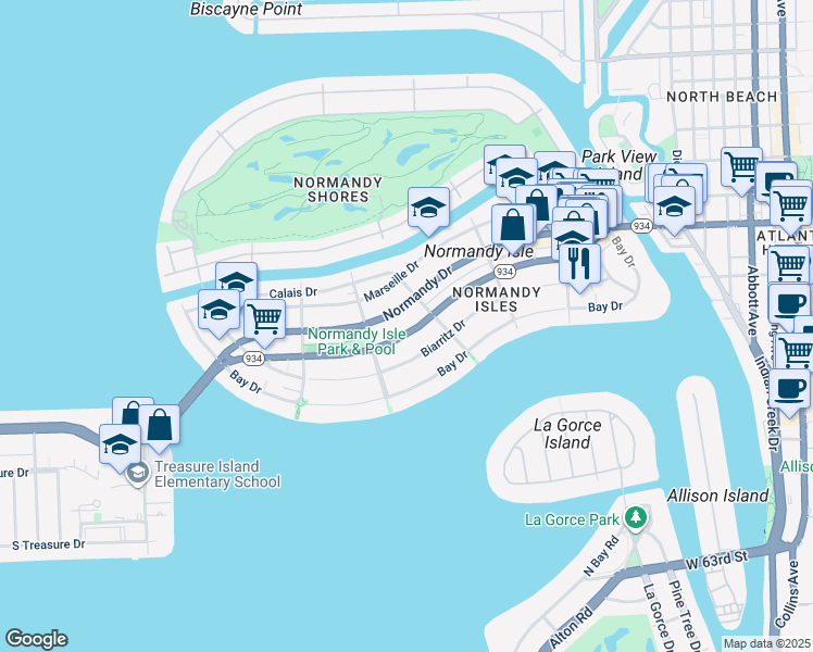 map of restaurants, bars, coffee shops, grocery stores, and more near 1555 71st Street in Miami Beach