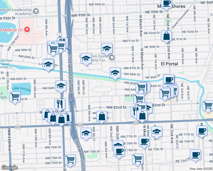 map of restaurants, bars, coffee shops, grocery stores, and more near 254 Northwest 85th Street Road in Miami