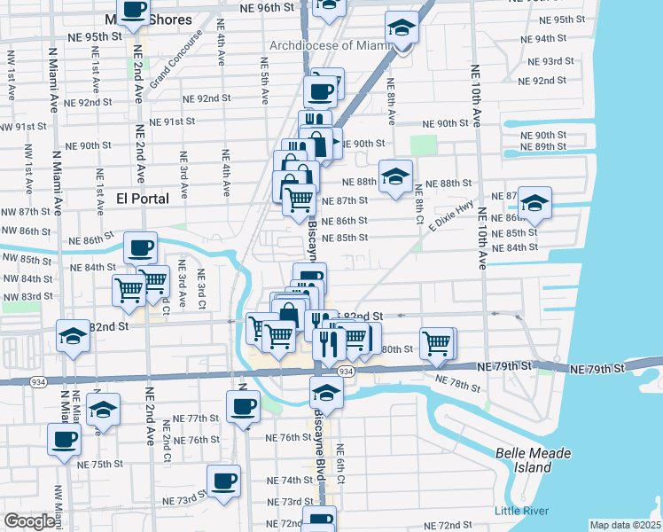 map of restaurants, bars, coffee shops, grocery stores, and more near 645 Northeast 83rd Terrace in Miami