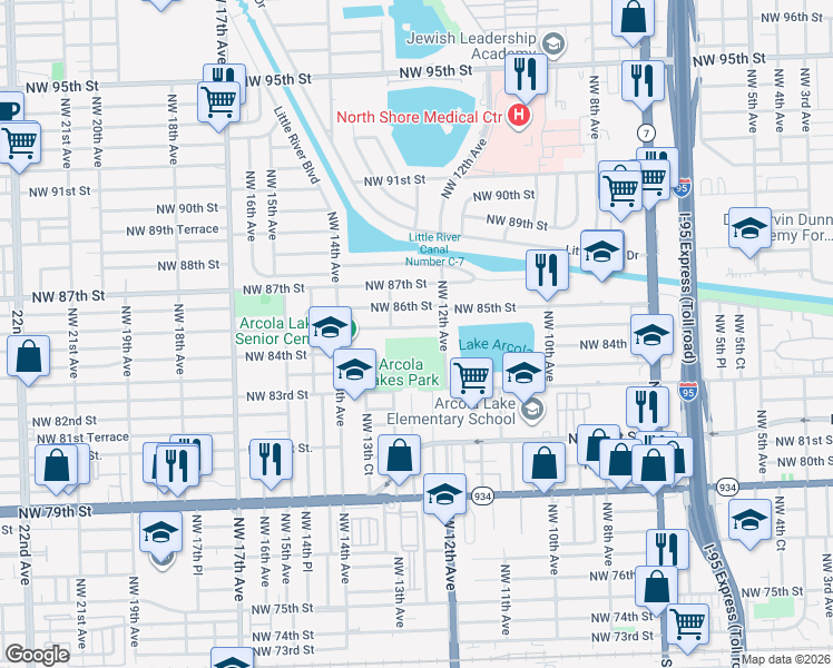 map of restaurants, bars, coffee shops, grocery stores, and more near 1250 NW 84th Terrace in Miami