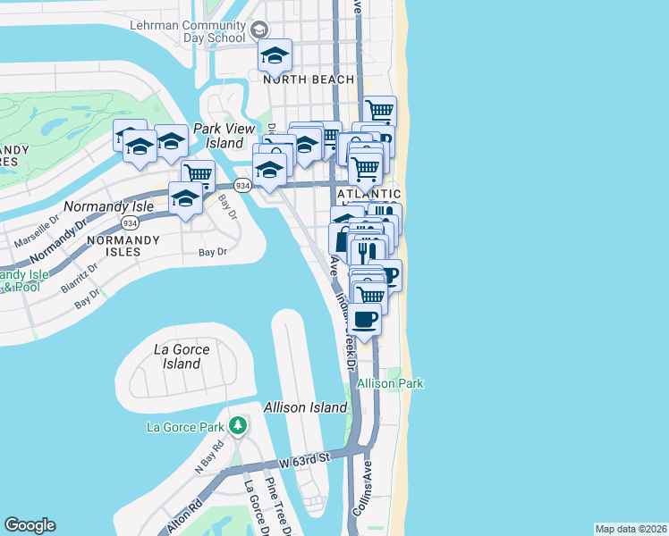 map of restaurants, bars, coffee shops, grocery stores, and more near 6801 Indian Creek Drive in Miami