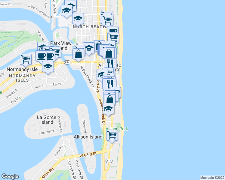 map of restaurants, bars, coffee shops, grocery stores, and more near 6799 Collins Avenue in Miami