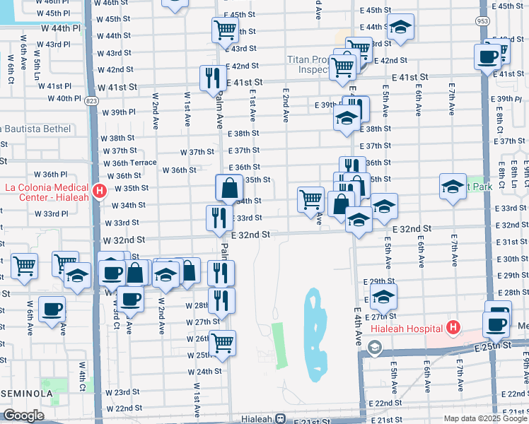 map of restaurants, bars, coffee shops, grocery stores, and more near 131 East 33rd Street in Hialeah