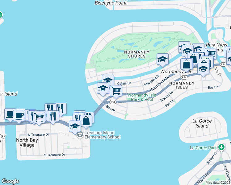 map of restaurants, bars, coffee shops, grocery stores, and more near 1990 Marseille Drive in Miami Beach