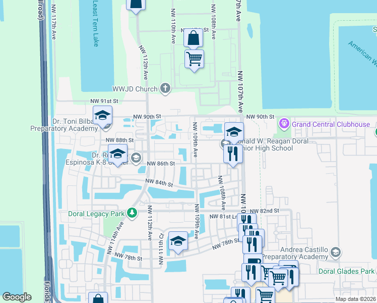 map of restaurants, bars, coffee shops, grocery stores, and more near 8711 Northwest 110th Avenue in Doral