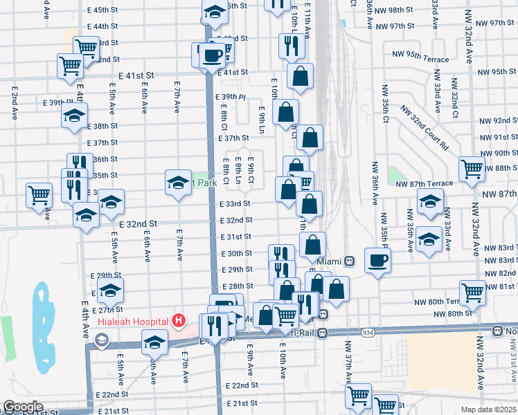 map of restaurants, bars, coffee shops, grocery stores, and more near 942 East 33rd Street in Hialeah