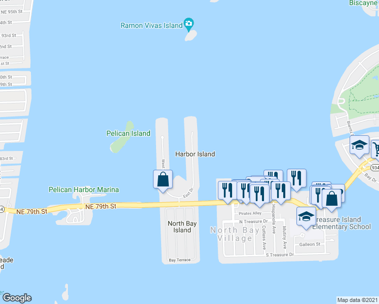 map of restaurants, bars, coffee shops, grocery stores, and more near 7930 East Drive in North Bay Village