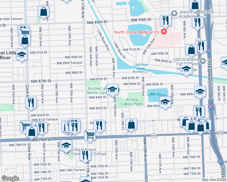 map of restaurants, bars, coffee shops, grocery stores, and more near 8430 Northwest 14th Avenue in Miami