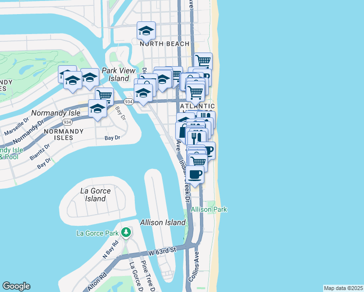 map of restaurants, bars, coffee shops, grocery stores, and more near 6801 Indian Creek Drive in Miami
