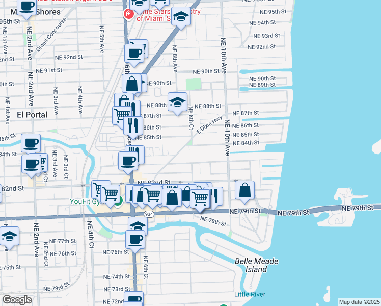 map of restaurants, bars, coffee shops, grocery stores, and more near 8351 Northeast 8th Court in Miami