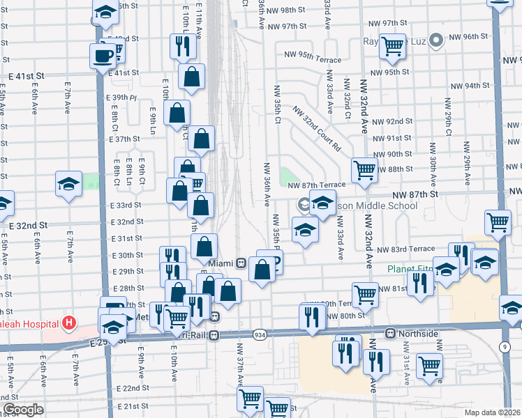 map of restaurants, bars, coffee shops, grocery stores, and more near 8626 Northwest 35th Place in Miami
