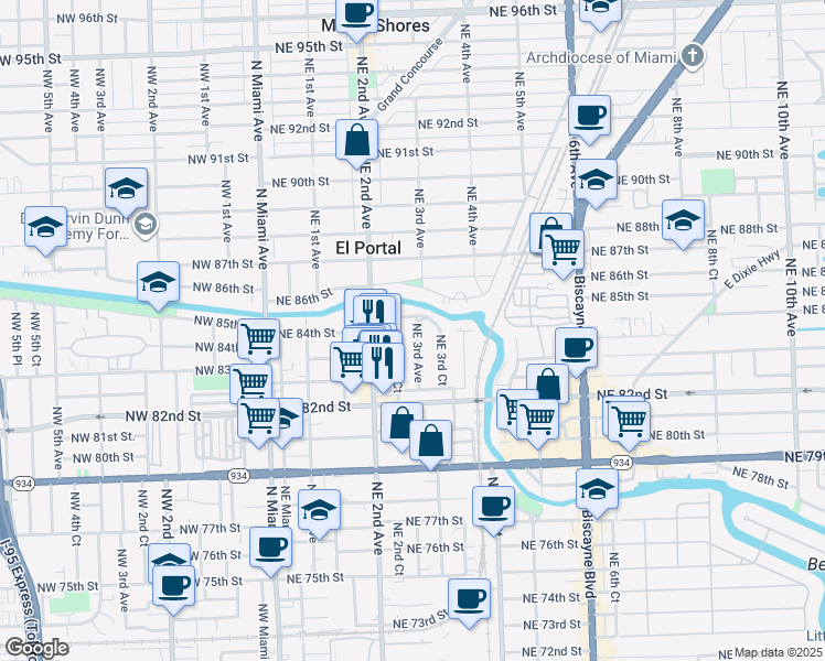 map of restaurants, bars, coffee shops, grocery stores, and more near 8366 Northeast 3rd Avenue in Miami